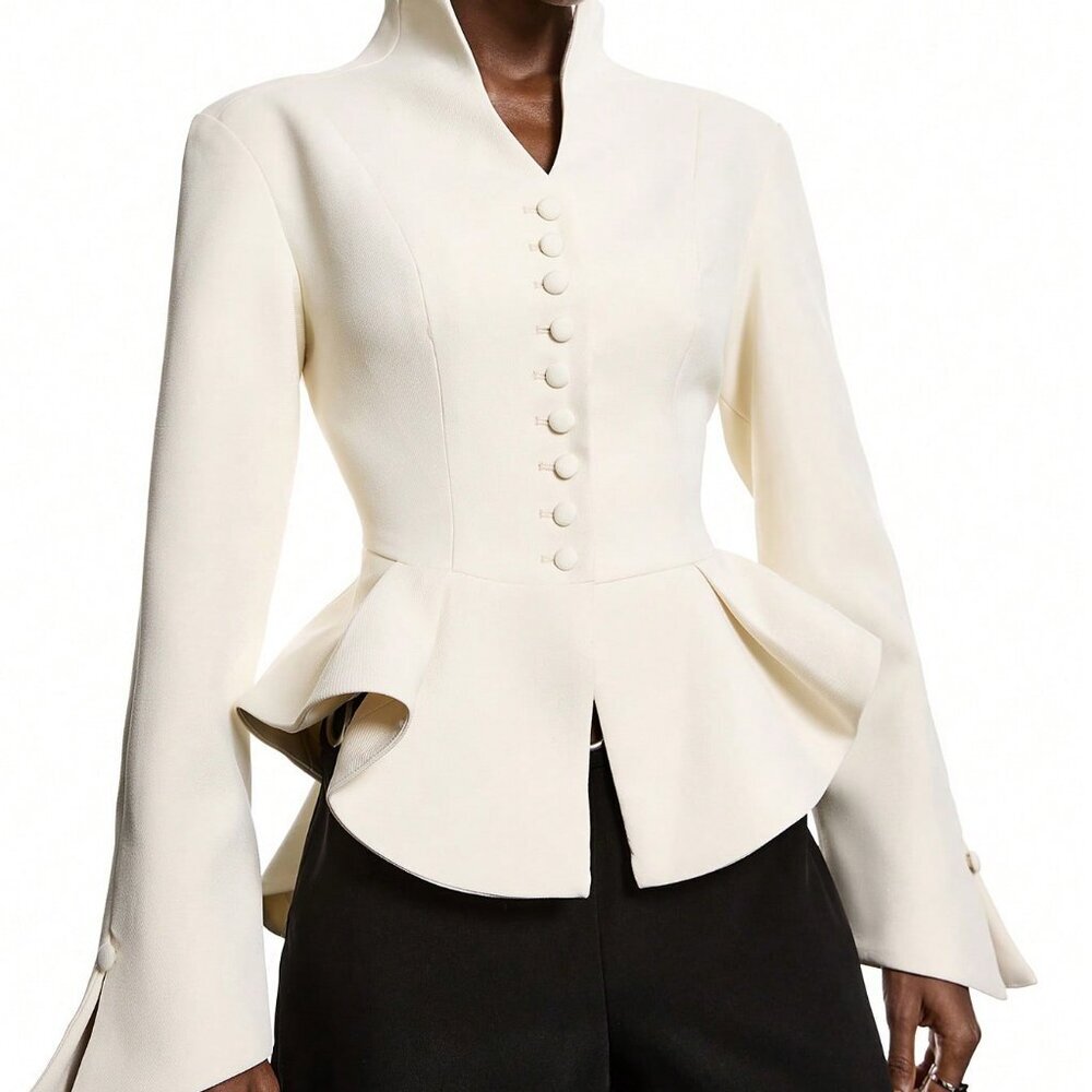 Apricot Elegant Women's Minimalist Fitted peplum blazer top - Picture 3 of 9